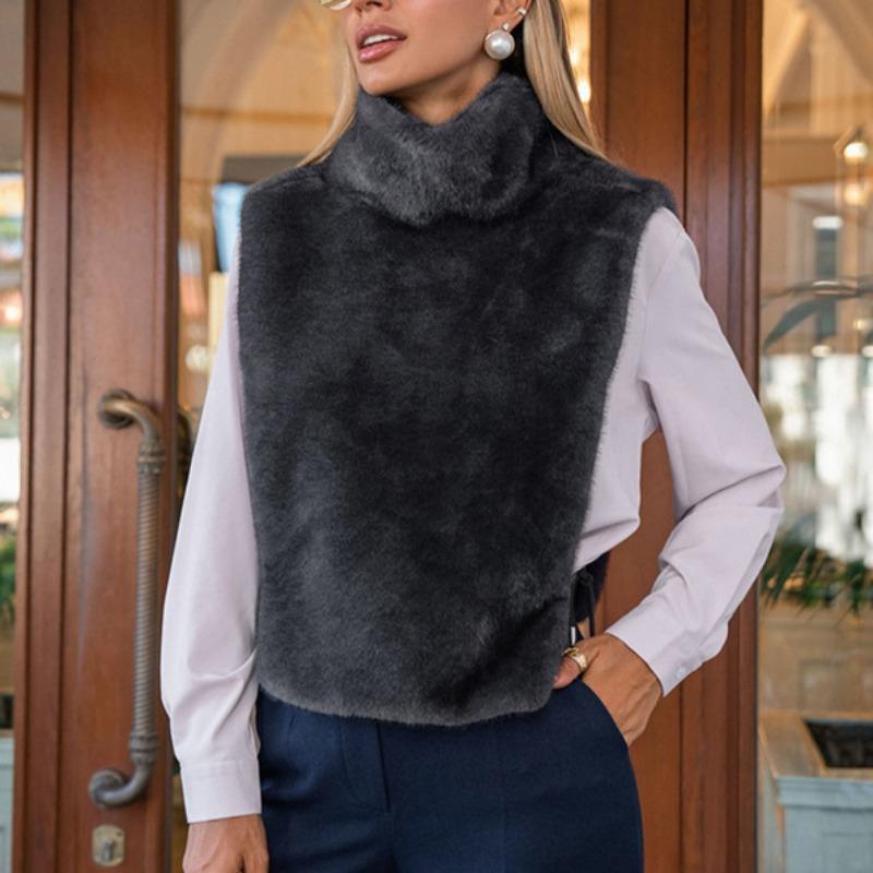 Vestă elegantă, caldă de iarnă, pentru femei, mărimea S, din blană artificială de nurcă, cu gât înalt, fără mâneci