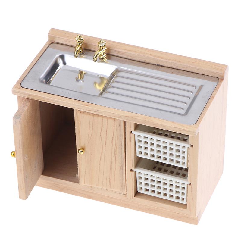 Wooden Wash Basin Cabinet With Hand Sink Miniature Furniture Toys For 1/12 Dollhouse Bathroom Kitchen Decoration