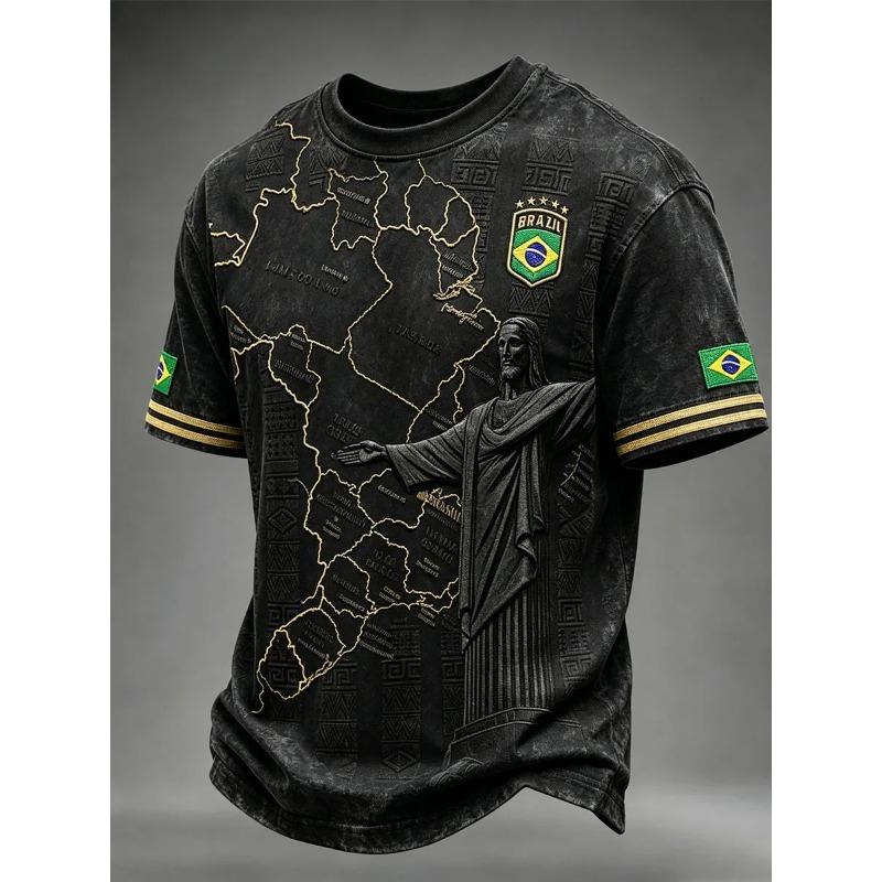 Černé Street Style tričko Brazil s 3D reliéfním potiskem mapy Jižní Ameriky a zlatým pruhovaným lemováním, přizpůsobené pro fotbalové fanoušky
