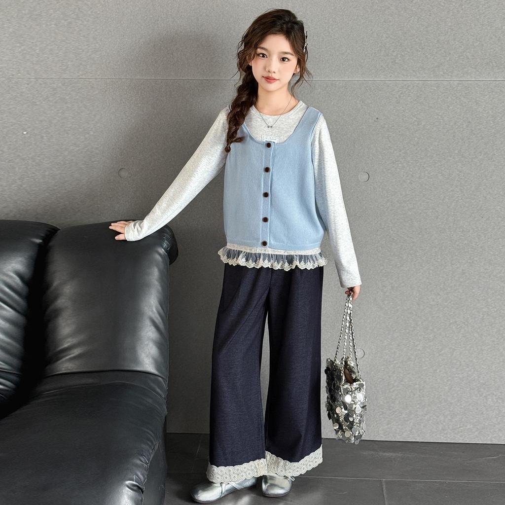 2025 Girls' Spring & Autumn Korean-Style Lace Fashion Three-Piece Set