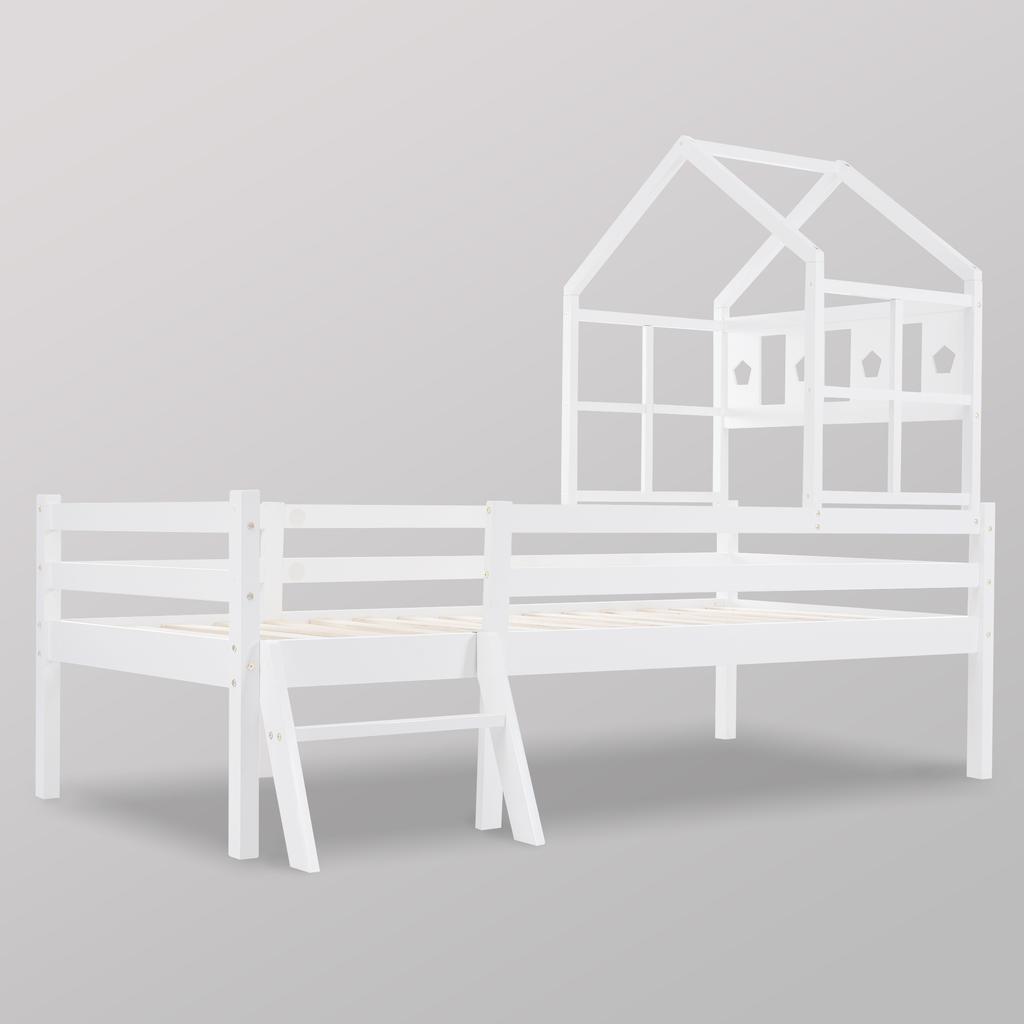 House Bed Children's Bed with Ladder and Drawers, incl. Slatted Frame, Solid Wood Loft Bed with Fall Protection 90x200cm White (without Mattress)
