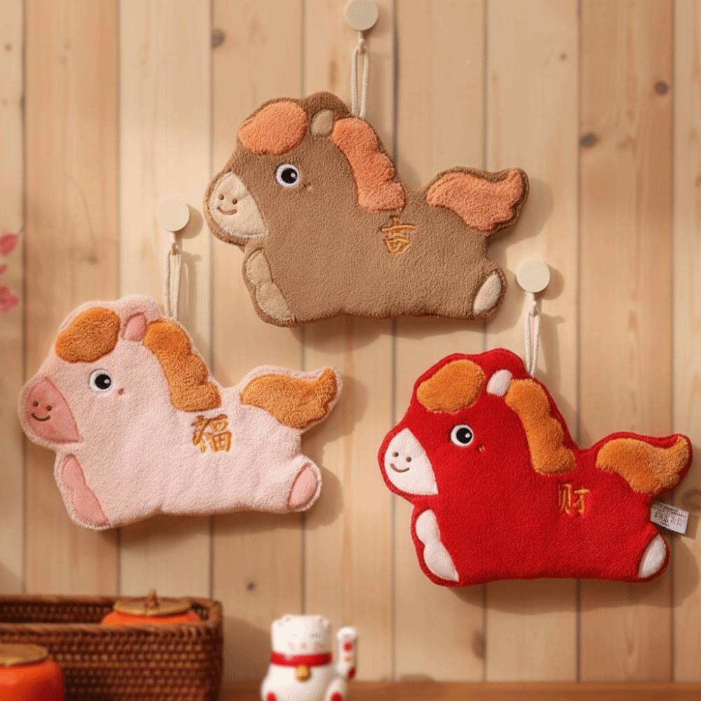 Hanging Lucky Horse Hand Towel Thickened Super Absorbent Coral Fleece Towel Portable Decorative Handkerchief Cloth Bathroom