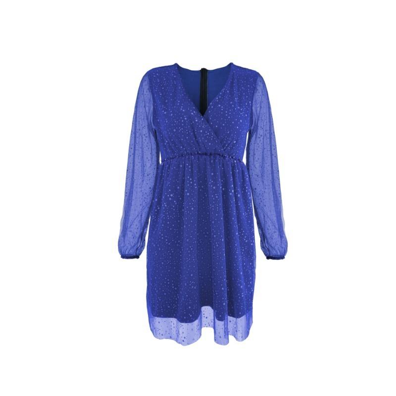 GMXIA Elegant Dress Mesh Sprinkles Pure Colour Seven Sleeve V-Neck Splicing Women's Midi Dresses