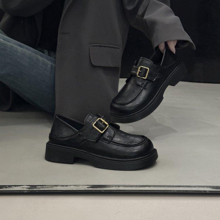 Platform loafers women's autumn 2025 new versatile British style one-pedal belt buckle casual single shoes women