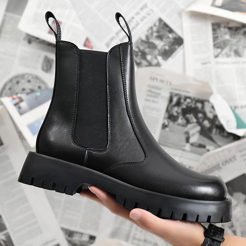 2025 Frühling Herbst Echte Lederschuhe Herren Chelsea Boots Flache Rutschfeste Stiefeletten Rindsleder Herrenschuhe Reines Schwarz D350