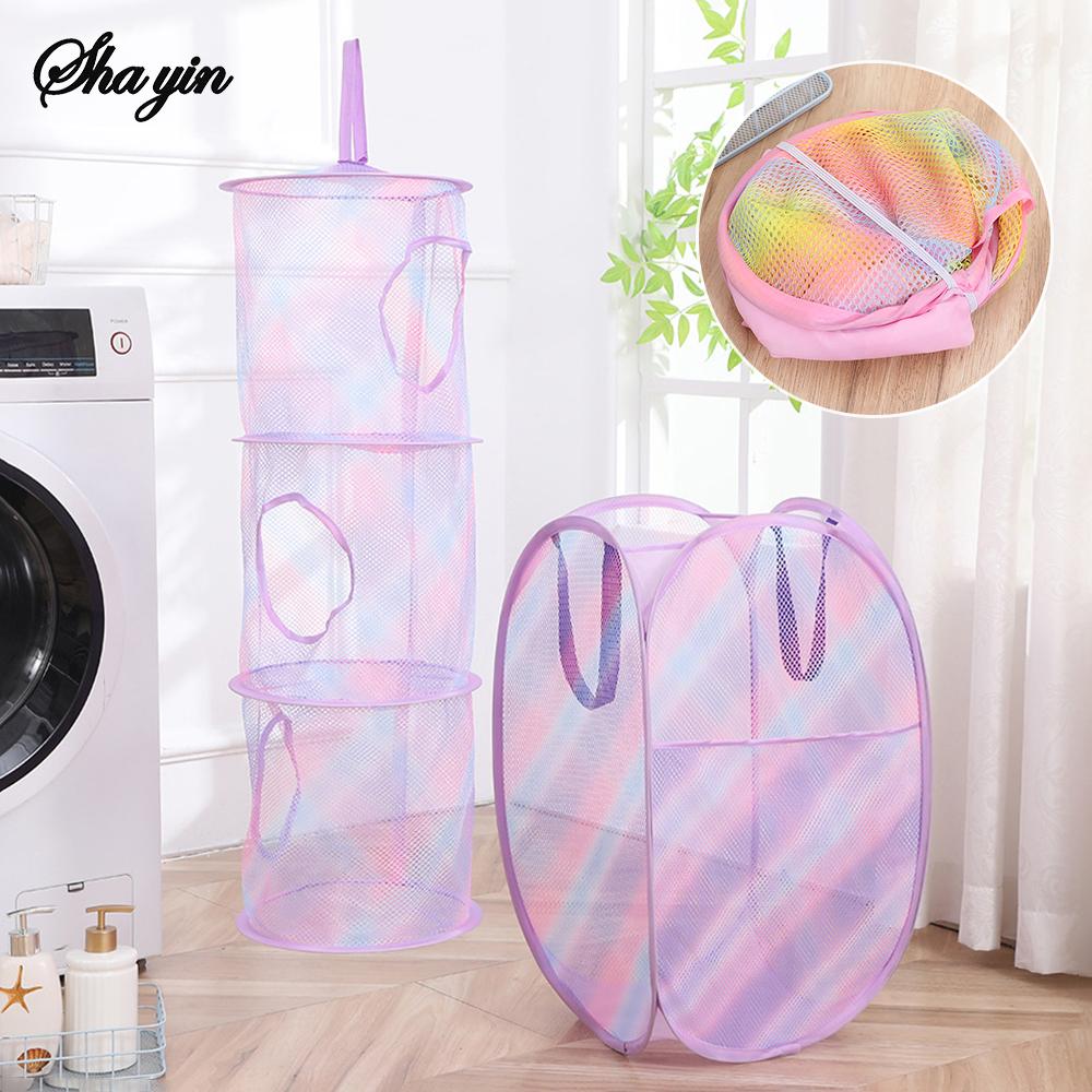 Colorful dirty clothes basket, breathable and foldable, three-layer toy hanging basket, home clothes drying net
