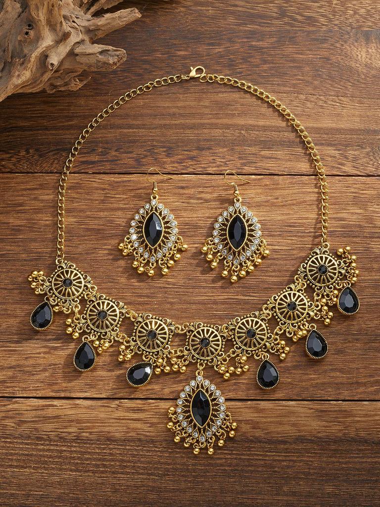Indian Ethnic Style Gemstone Beaded Jewelry Set - Necklace & Earrings