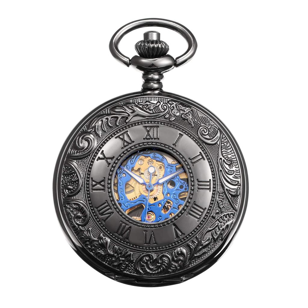 TREEWETO Men's Mechanical Skeleton Pocket Watch Roman Numeral Dial Gift Box Chain