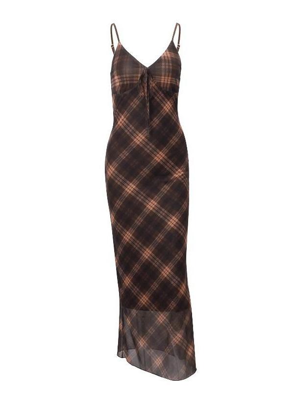 

American retro style plaid printing lace-up V-neck suspender dress for women s spring spice girls, slim and thin temperament long dress XL коричневий