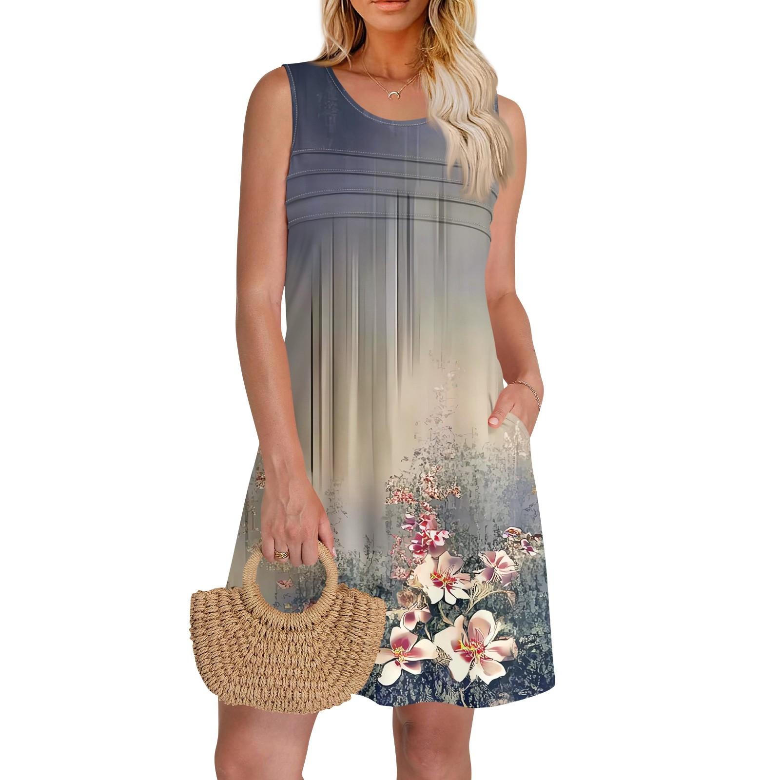 

Женские летние платья с круглым вырезом, плиссировкой спереди, без рукавов, карманами, сарафаном, повседневным платьем L фиолетовый