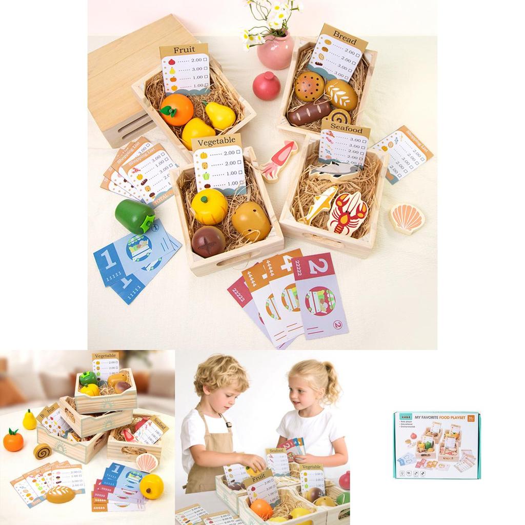 Wooden Simulation Boxed Fruit Bread Sea Food Vegetables Children Toys Set For Kids Imaginative Cooking Fun