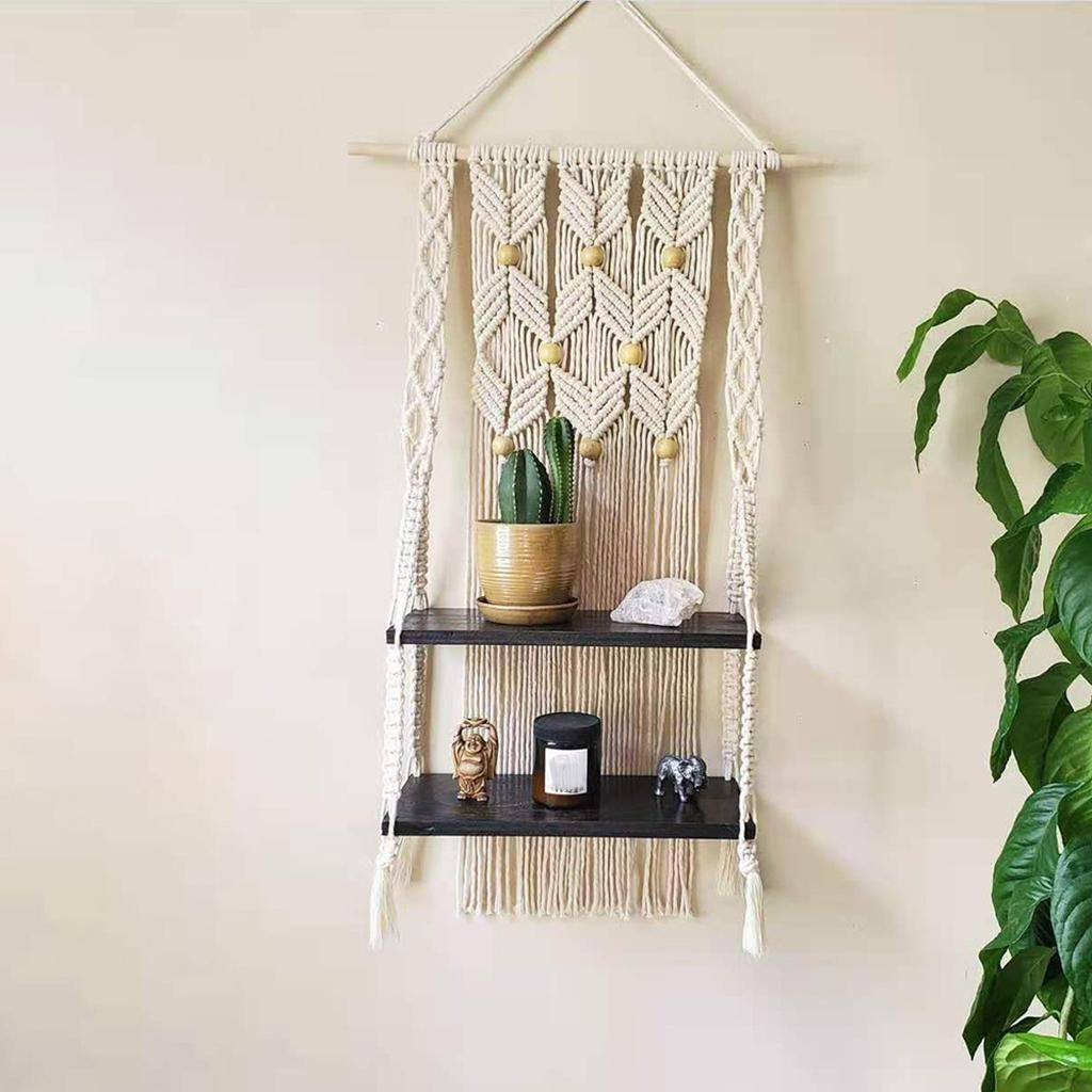 Handmade Macrame Wall Hanging Shelf Boho Indoor Rope Hanger Holder, 44x90cm