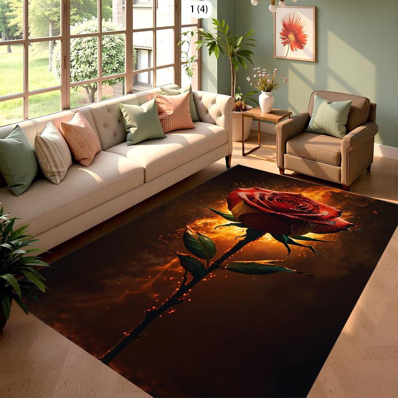 Magical Galaxy Red Rose Area Rug Fantasy Floral Starry Sky Soft Non-Slip Carpet Romantic Living Room Rug for Bedroom Girls Room