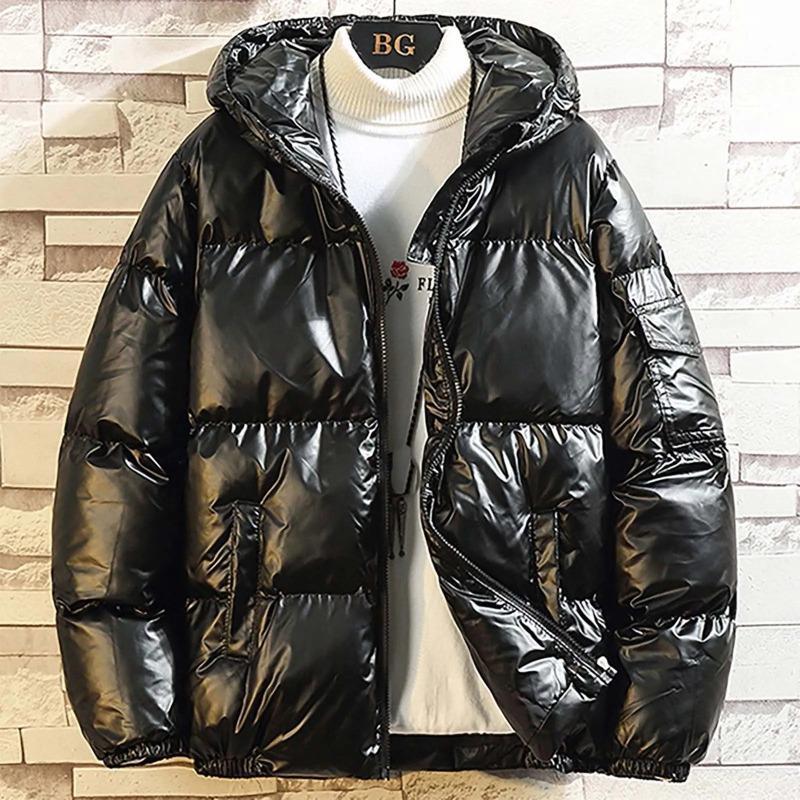 Men's Winter Parkas Solid Color Casual Glossy Warm Down Jacket With Hood Fashion Zipper Fleece Lined Puffer Outwears Jacket
