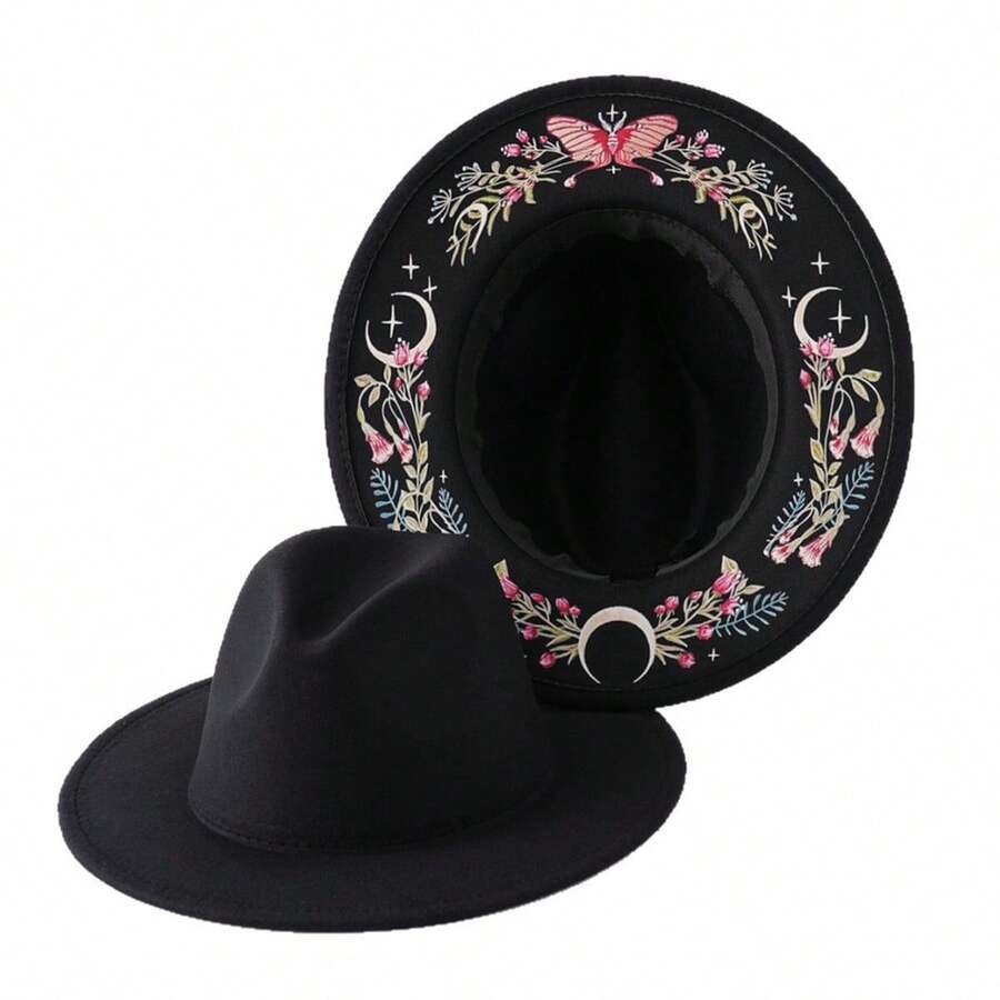 Women Fedora Hat With Butterfly Flower Moon Print Wide Brim For Party Travel Outdoor
