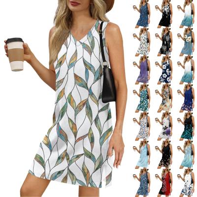 Damen V-Ausschnitt Sommer Casual Strandurlaub Damen Ärmelloses Sommerkleid mit Blumendruck