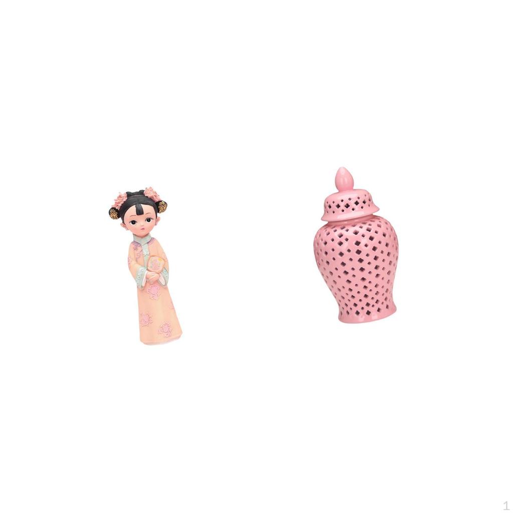 Traditional Chinese Girl Resin Statue Sculpture And Ceramic Ginger Jar Porcelain Decorative Vase