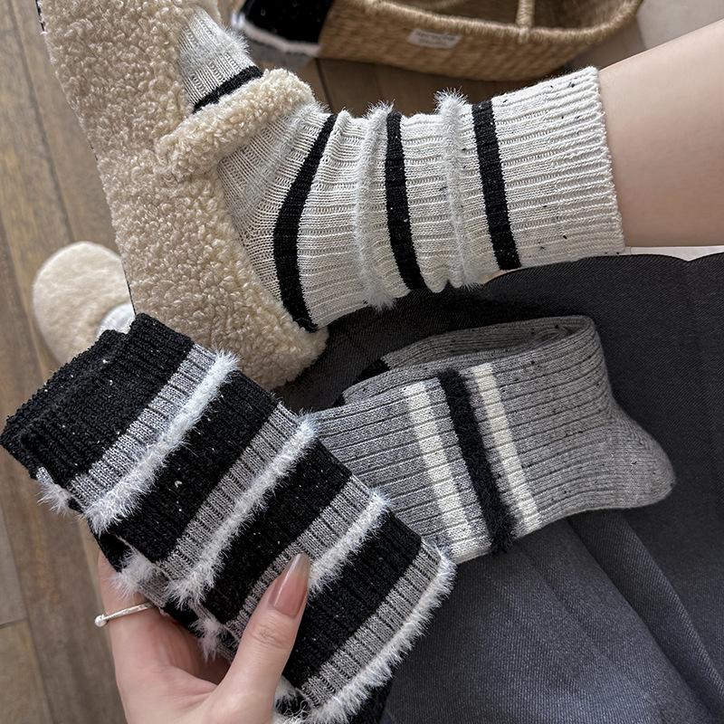 Striped Socks Children'S Medium Tube Socks Season Warm Wool Socks Fleece Thickened Yarn Cashmere Stacking Socks