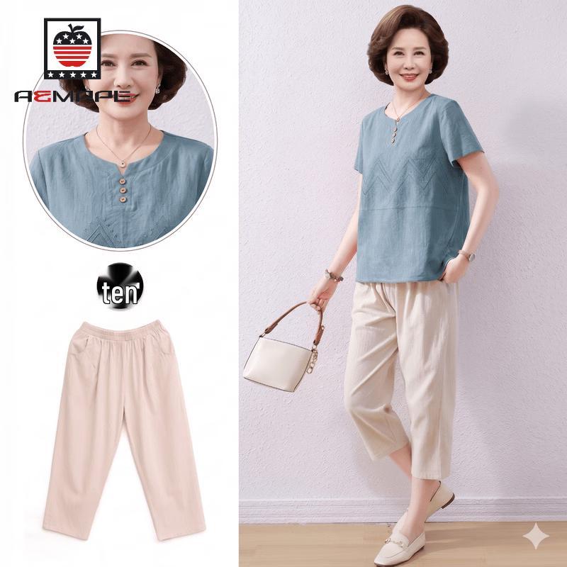 AEMAPE Women s Summer Cotton Linen Short-Sleeve Two-Piece Set 4XL