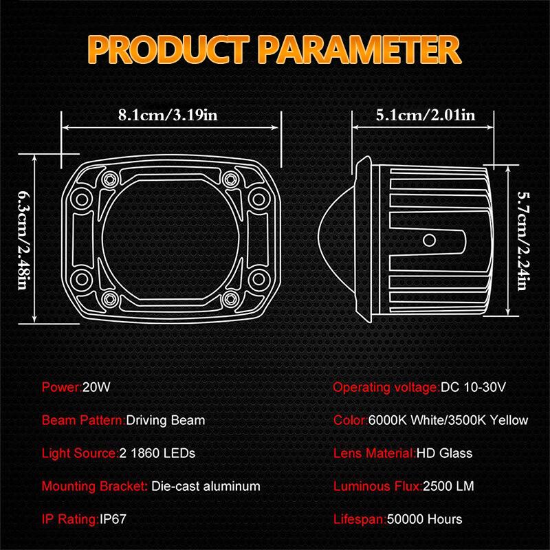 3 Inch 8D Led Lens Work Light 40W Dual Color 3Inch Fog Lamp Driving Beam Square Round For Off Road 4Wd Truck Suv Atv Motorcycle