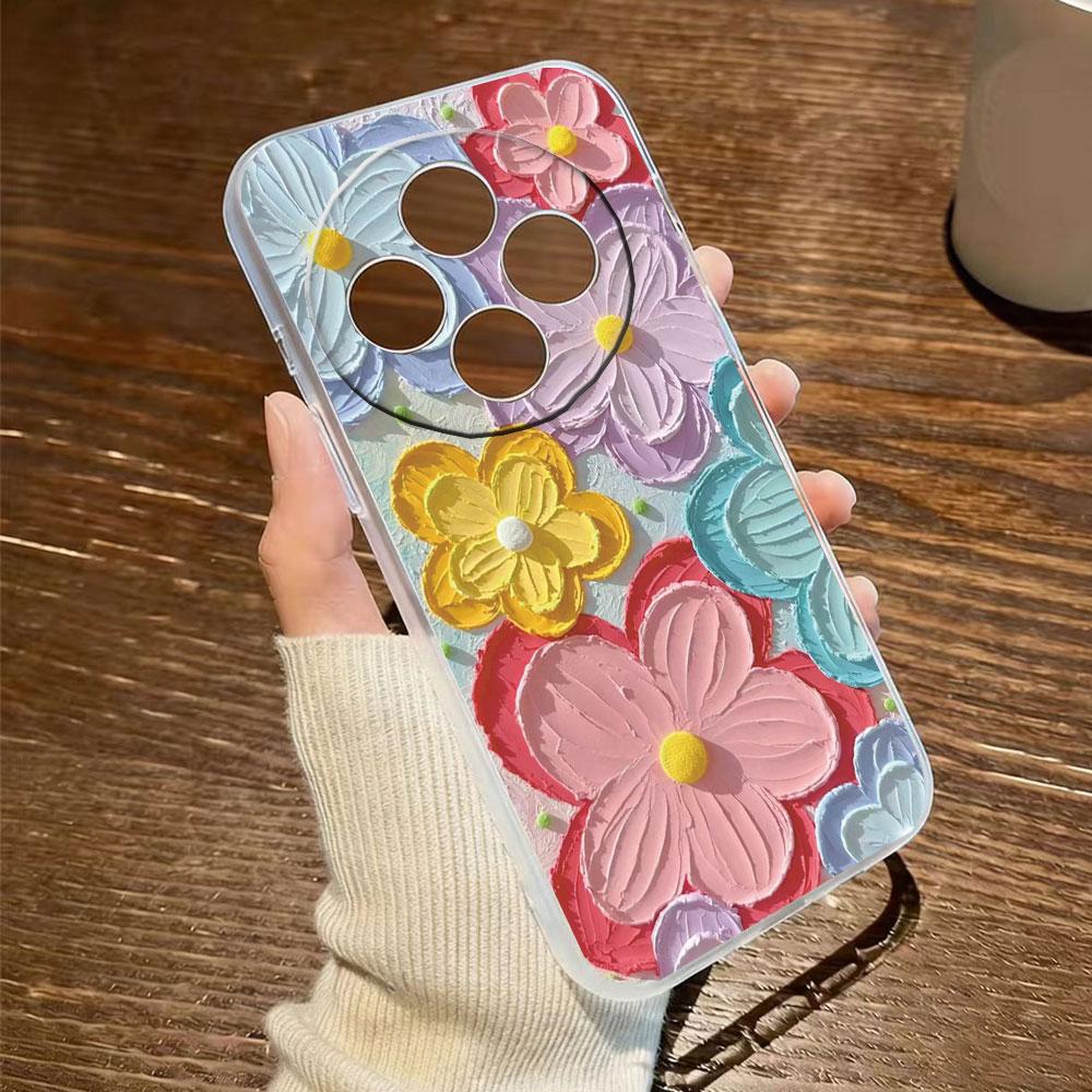 Romantic Lace Pattern Phone Case For Xiaomi Redmi Note 14 Pro 14C 6.88" Transparent Clear Shockproof Flower oil Painting Cover