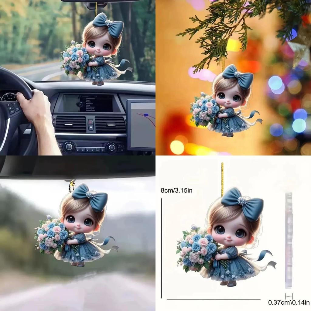 Acrylic Surface Flat Pendant With Girl Holding Flower Design For Backpack Decor