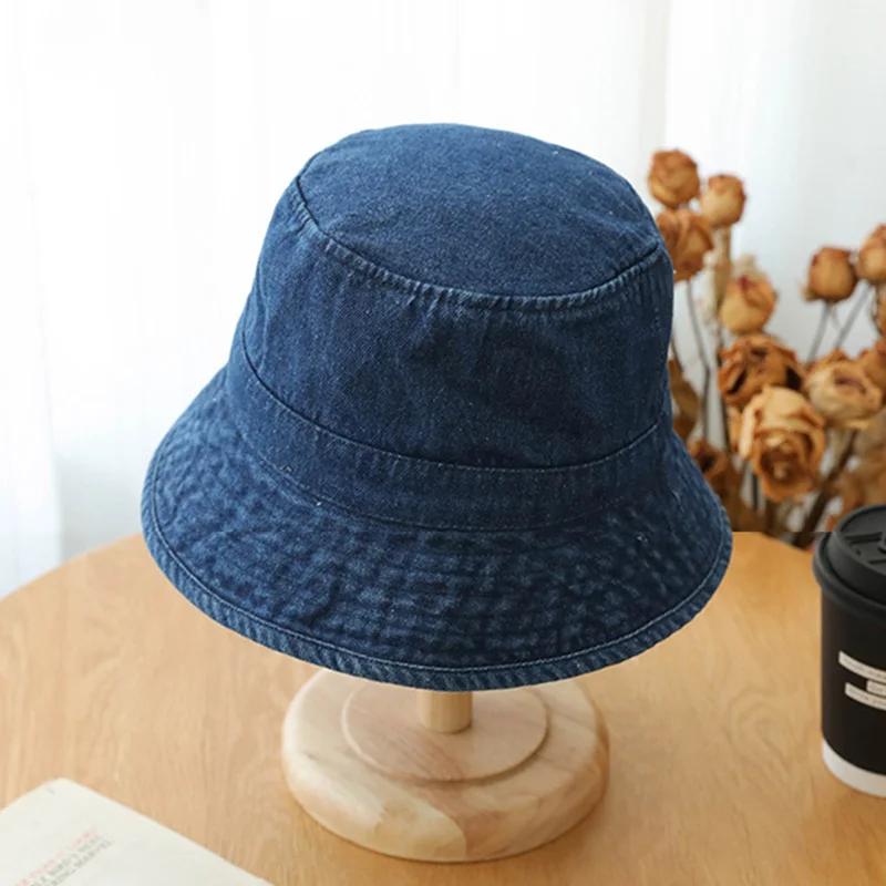 Solid Color Denim Bucket Hat Women Retro Washed Cowboy Fisherman Hat Spring Summer Girl Wide Brim Sunscreen Basin Cap 56-58CM темно-синий