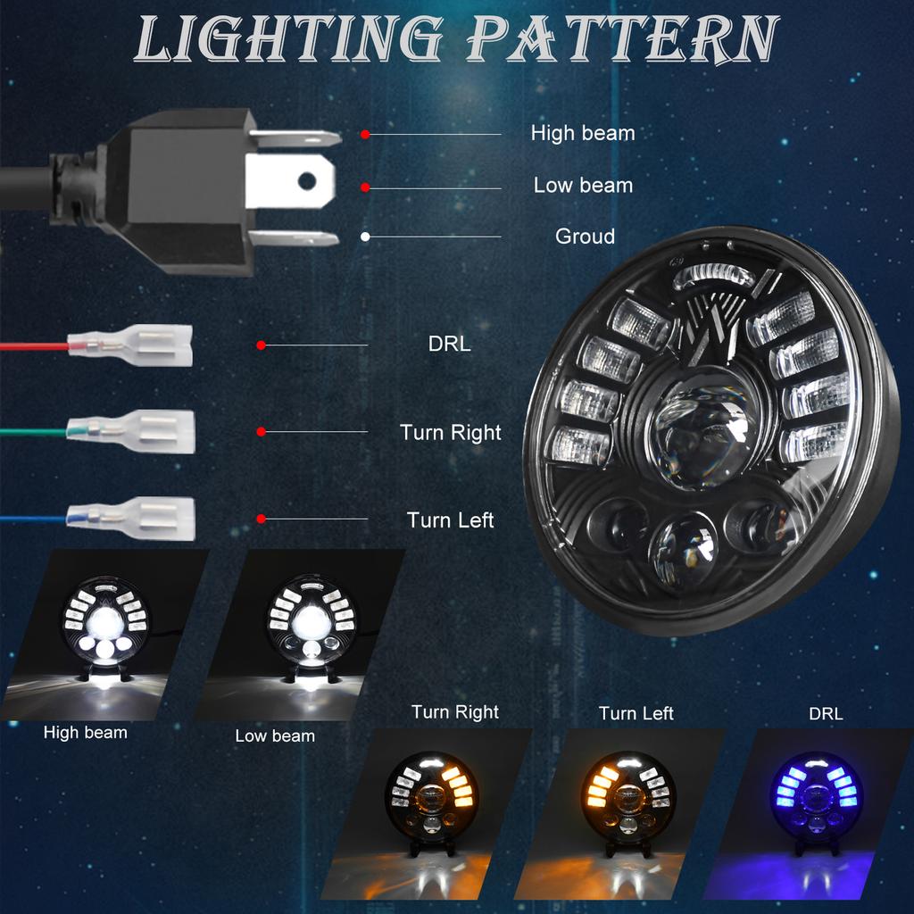 5-3/4 5.75 Inch LED Hdlight, Waterproof Round Motorcycle Hdlamp with DRL Turn Signal High/Low Bm