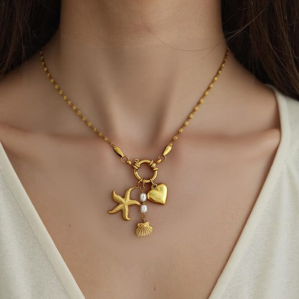 Trendy Women Necklace Stainless Steel Necklace Everyday Wear Necklace Heart Starfish Shell Jewelry Suitable for Woman