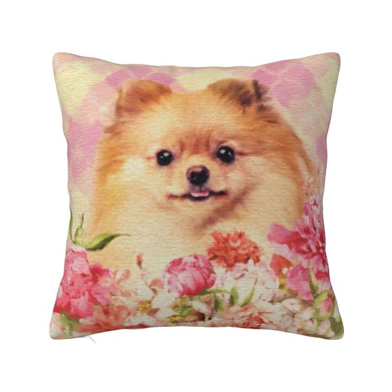 Maßgefertigter Sofakissenbezug mit nordischem Pomeranian-Motiv und Sommerblättern, Samt-Kissenbezug für Haustiere, Spitz-Kissenbezug, Schlafzimmerdekoration