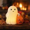 Holding Pumpkin Ghost Figurine Halloween Figurine, Spooky Statue with Lighted Night Light, Resin Ornament for Desk Tabletop Centerpiece Cartoon