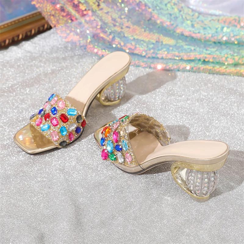 Mode Eilyken Sexy Camouflage Kristall Runde Absätze Damen Hausschuhe Sommer PVC Transparent Eckige Zehenpartie Bankett Party Pantoletten