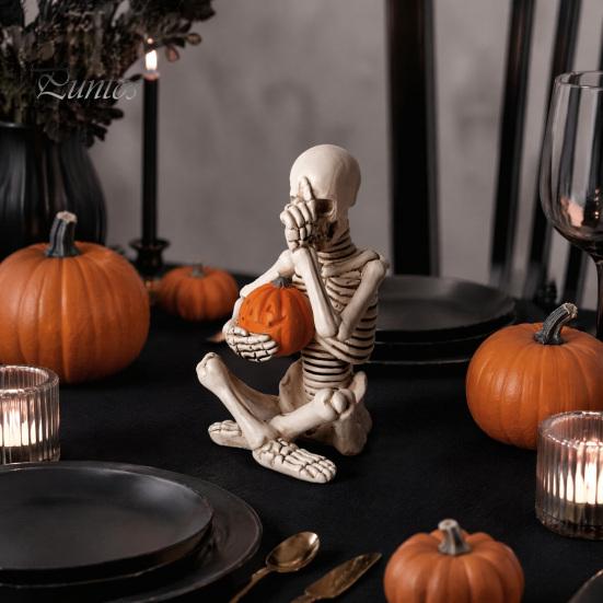 Halloween Skeleton Figurine Vintage Holding Pumpkin Statue, Resin Figurine, Gothic Decoration Desktop Ornament for Entryway Desk Window Party Display
