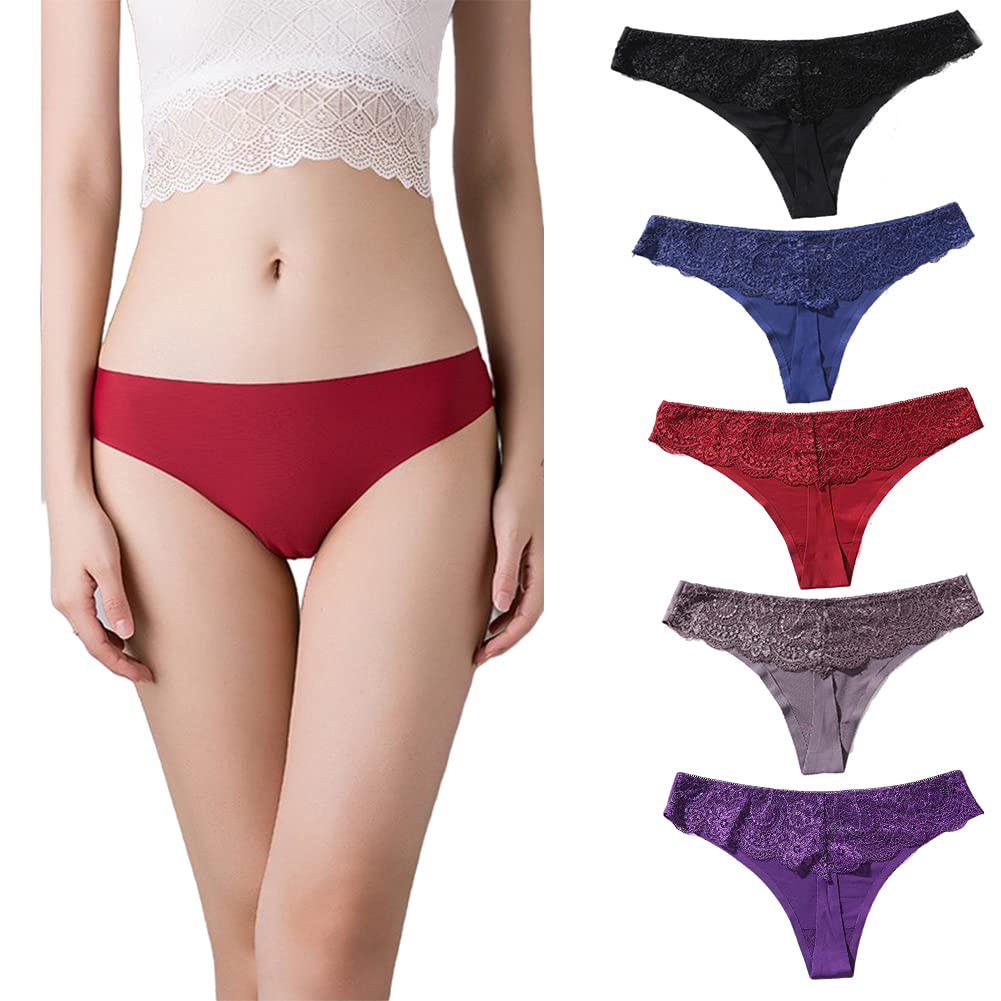 BEKYNI Lace Seamless Back Seamless Sexy Lucky Women's T-Back Panties, Lace, Low-Rise Panties, Bag, 5-Pack (3L, 5-Pack-2)