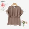 ZANZEA Women Casual Round Neck Loose Ruffles Short Sleeve Blouse