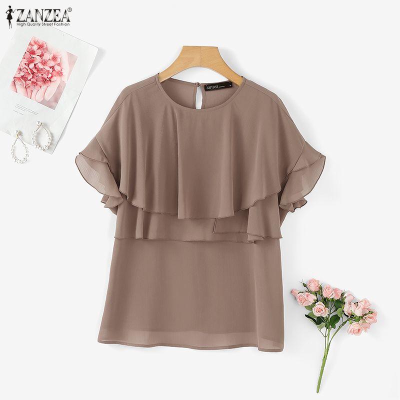 ZANZEA Women Casual Round Neck Loose Ruffles Short Sleeve Blouse