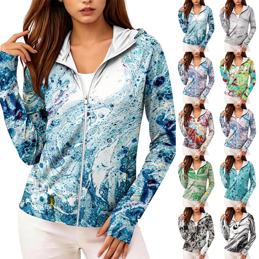 Sudadera Ligera con Cremallera para Mujer con Capucha y Bolsillos Manga Larga Chaqueta de Protección Solar Estampado Tie-Dye Ropa Exterior Informal