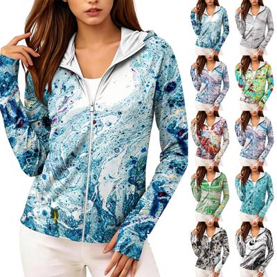 Kapüşonlu ve Cepli Kadın Hafif Fermuarlı Kapüşonlu Sweatshirt Uzun Kollu Güneş Korumalı Ceket Batik Baskılı Günlük Dış Giyim