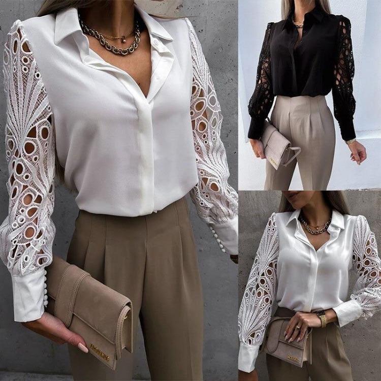 Mesh Design Hollow Out Lace Sexy Vintage Button Up Long Sleeve Blouse Top Women Shirts Femme Tops Spring White Black