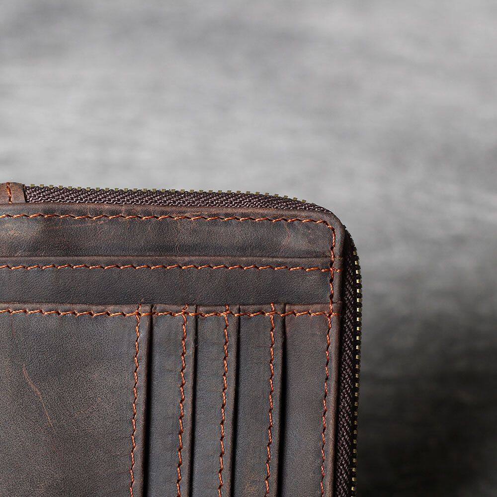 Wielokieszeniowy Portfel Męski Retro Kawa Ręcznie Robiony Skóra Crazy Horse Designerski Zapinany na Zamek Kieszonki na Monety i Karty Kredytowe Małe Saszetki