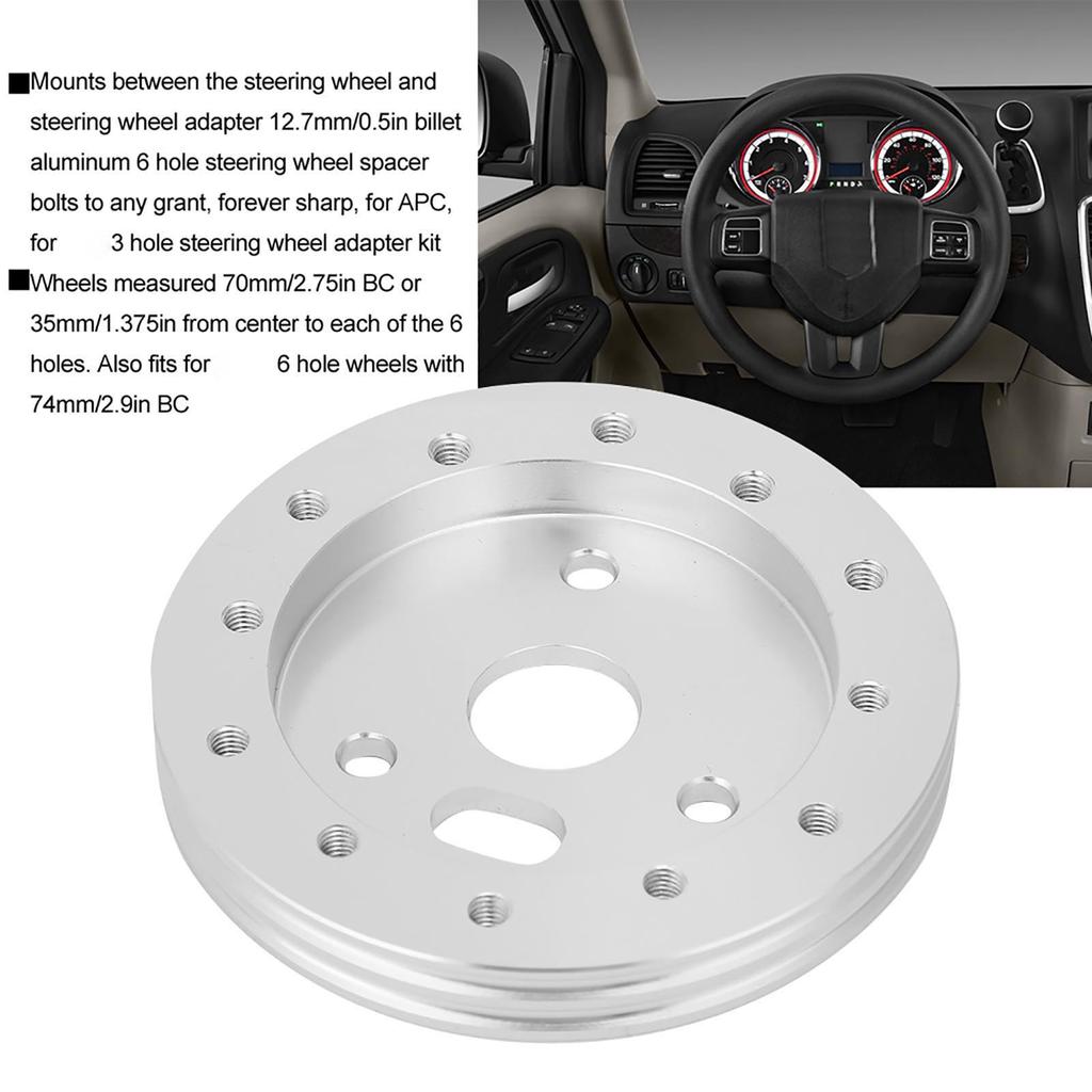 Universal Steering Wheel to Grant 3 Hole 0.5in Hub Spacer Pad for 6 Hole Adapter(Silver)