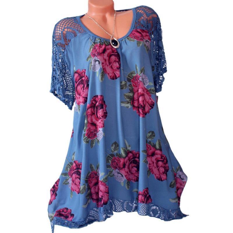 Women's Fashion Oversize Lace Patchwork Blouse With Elegant Floral Print Short Sleeve