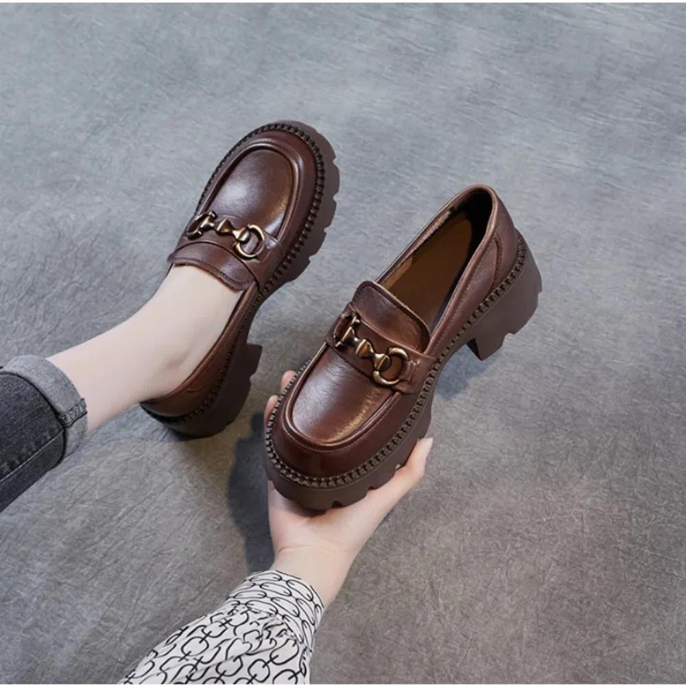 Platform Shoes Spring Summer Genuine Leather Loafers Women'S Metal Buckle Single Shoes Elevated Thick Sole Small Leather Shoes