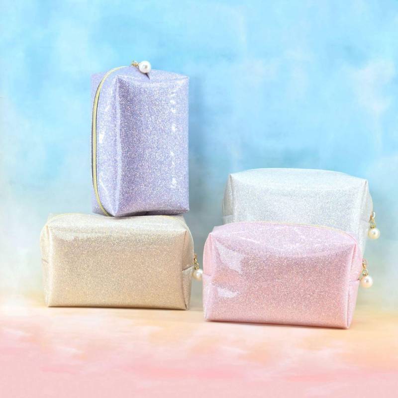Pvc Glitter Makeup Bag With Character Print For Girls Travel And Storage