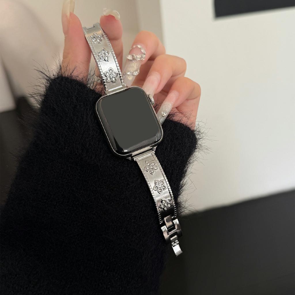Metal Watch Strap for Apple Watch Series 10 Ultra 9 8 7 SE 6 5 4 3 2 1 46mm 49mm 45mm 44mm 42mm Flower Rhinestone Decor Bracelet Band