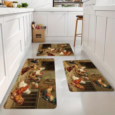 1Pcs Rooster  Pattern Floor Mat Modern Kitchen Polyester Rug Non-Slip Colorful Indoor Carpet, For Home Bathroom Bedroom Living Room Decor