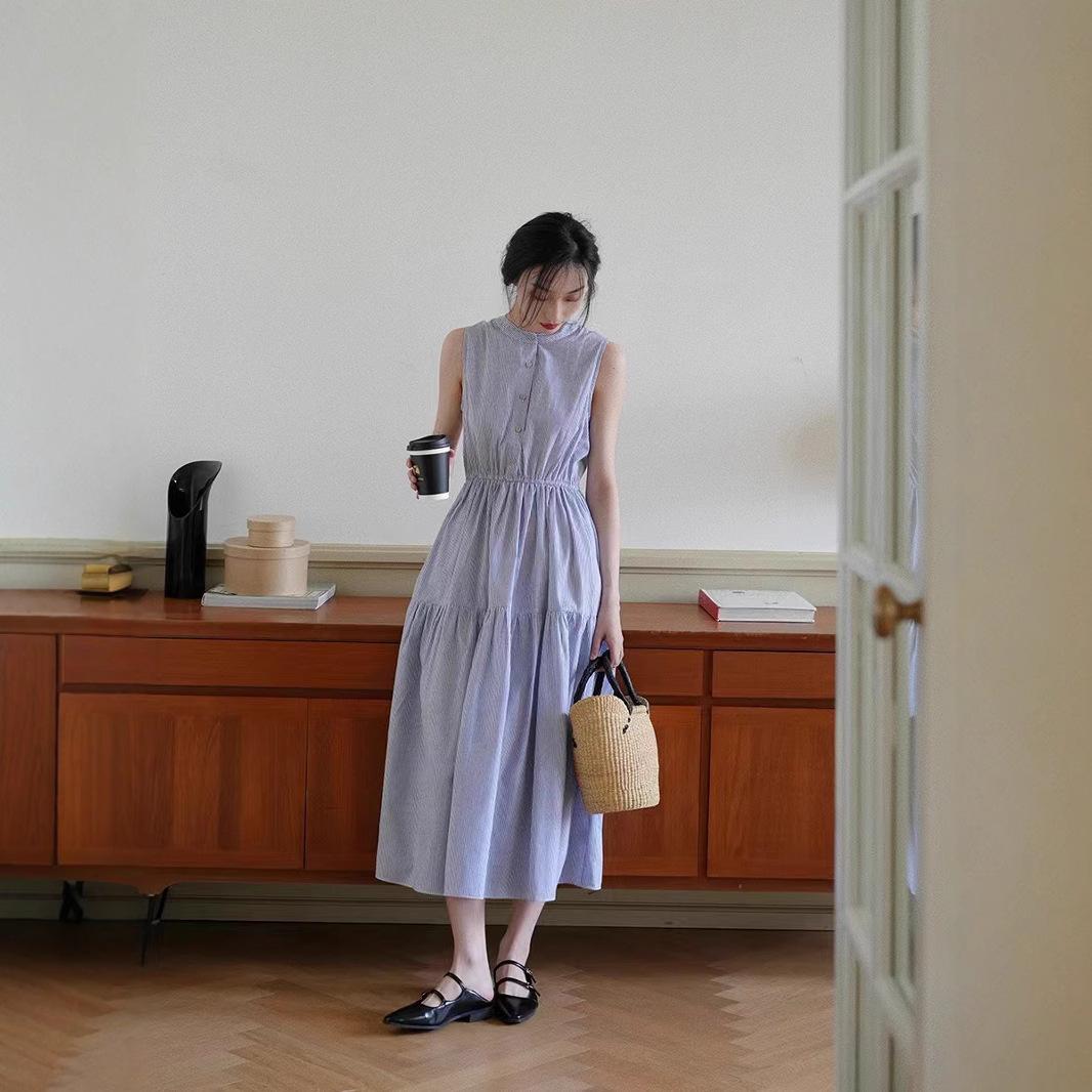 

2025 summer new sleeveless waist vertical striped dress women s loose and thin stand-up collar a-word skirt M