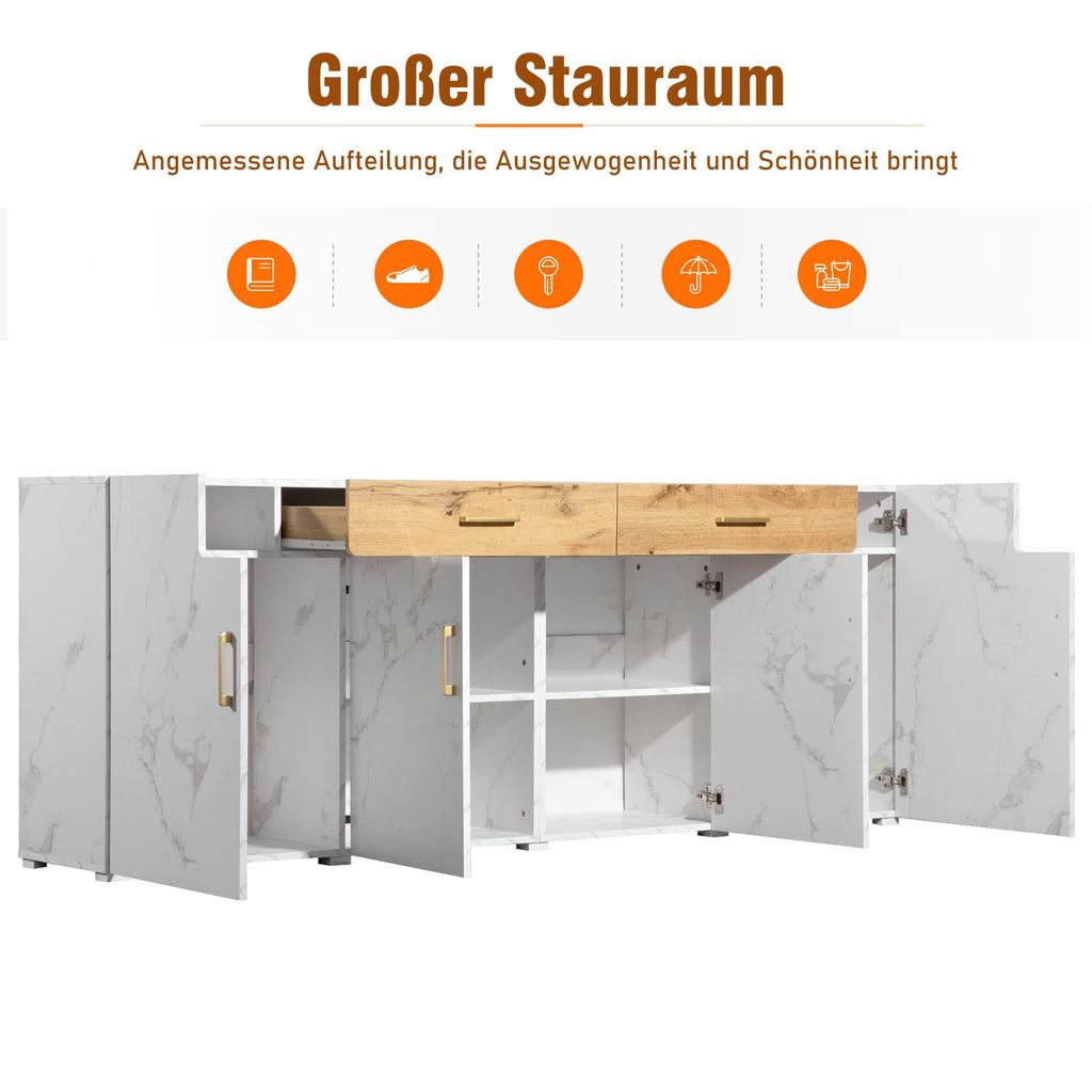 Sideboard Modern Buffet 4 Doors 2 Drawers, Storage Cabinet Ample Storage Space, Buffets Dining Room Living Room Kitchen, White, 208 X 39.5 X 80 Cm