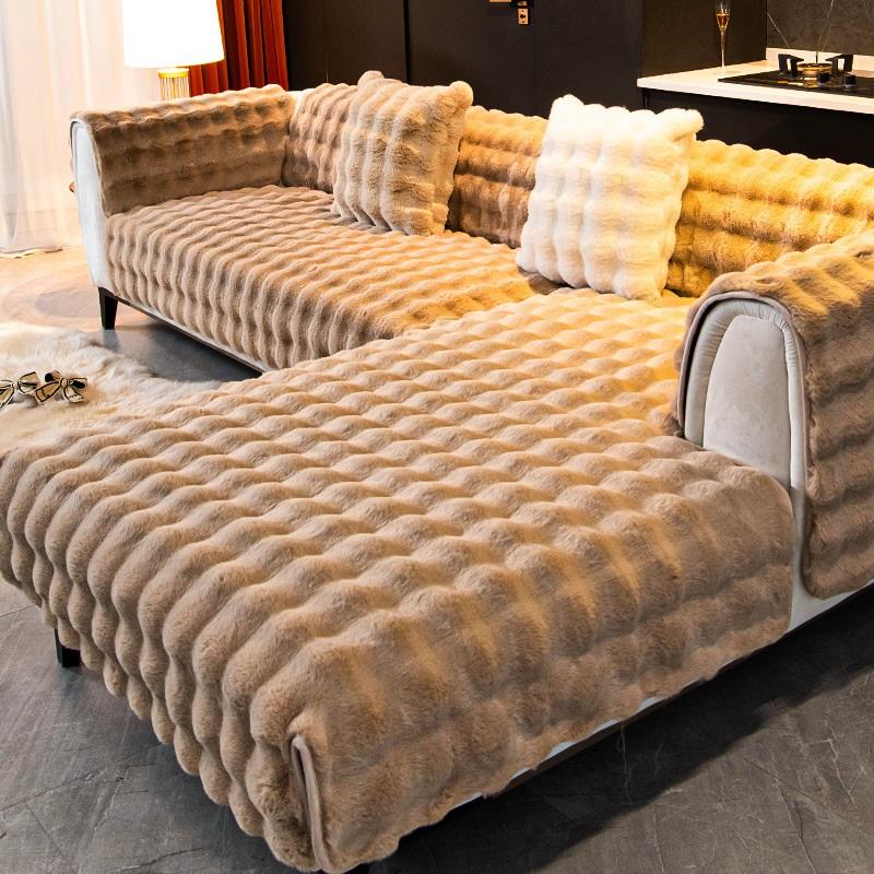 Rabbit Velvet Sofa Cover Three-Dimensional Thickened Warm Living Room Sofa Cushion Non-Slip Massage Plush Sofa Back Cushion