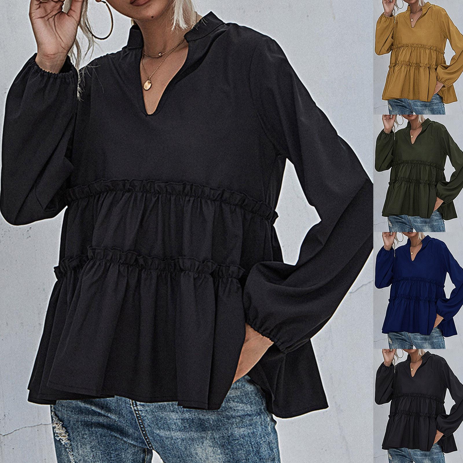 

Women s Casual Loose V-Neck Solid Long Sleeve Shirt Tops Blouse